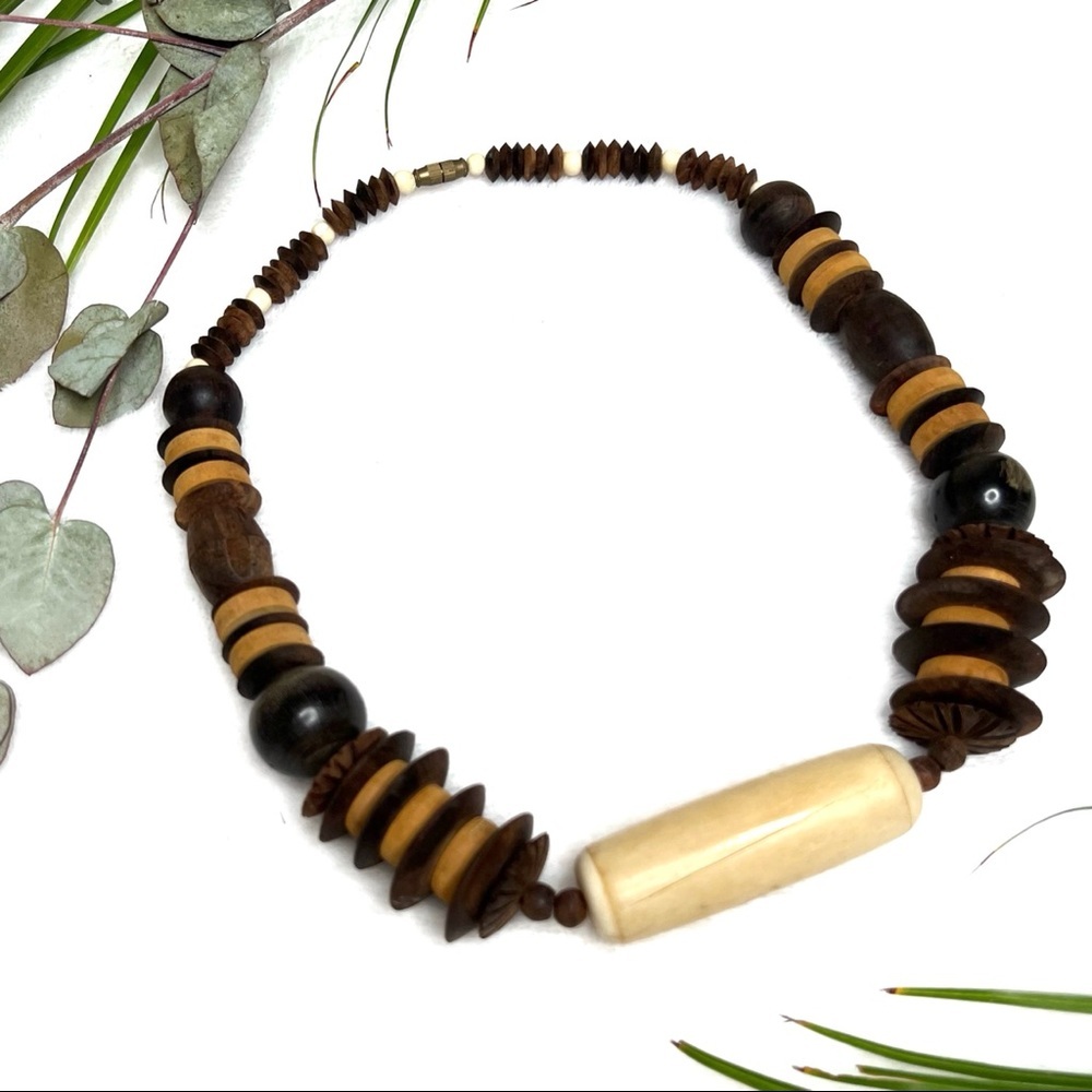 Wooden Beaded Necklace Boho Tribal Bohemian Statement Boho Wood 10 Inches